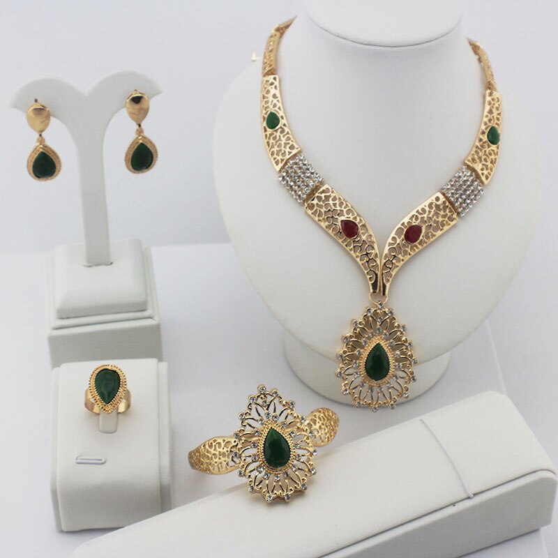 jiayijiaduo Wedding Bridal jewelry sets For Women Gold-color Africa necklace earrings bracelets carved large droplets: Gold-color