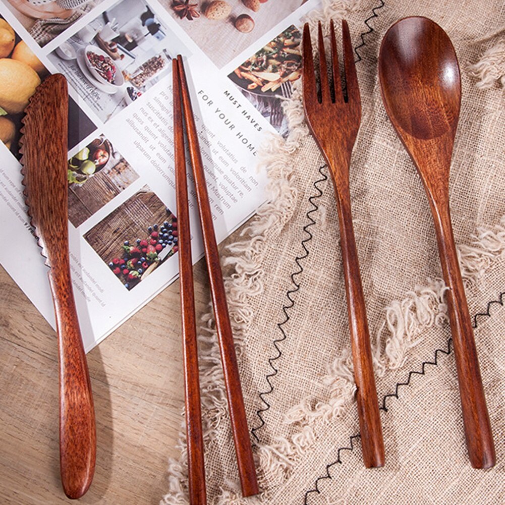 Chinese Tableware Set Wooden Spoon Fork Chopsticks Portable Easy to Clean Travel Dinnerware Suit