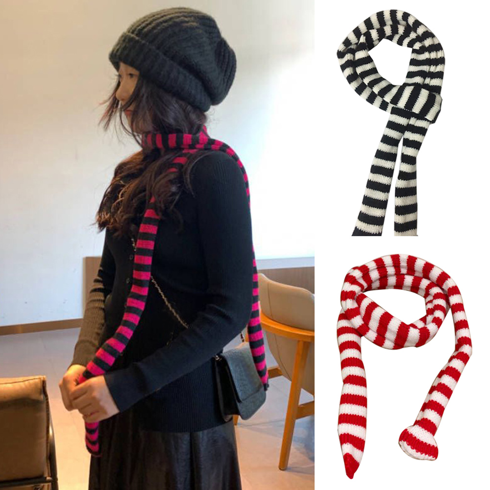 Bufanda a rayas blancas y negras Y2K, bufandas tejidas ajustadas y estrechas Harajuku para mujer, decoración, calentador de cuello grueso, bufanda larga con lazo