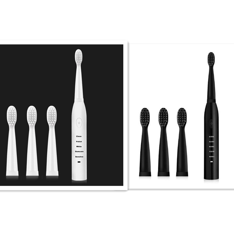 Ultra Schall- Schall- Elektrische Zahnbürste Wiederaufladbare Zahn Pinsel Waschbar Elektronische Bleichen Zähne Pinsel Erwachsene Timer Zahnbürste: Schwarz Weiß 8Kopf
