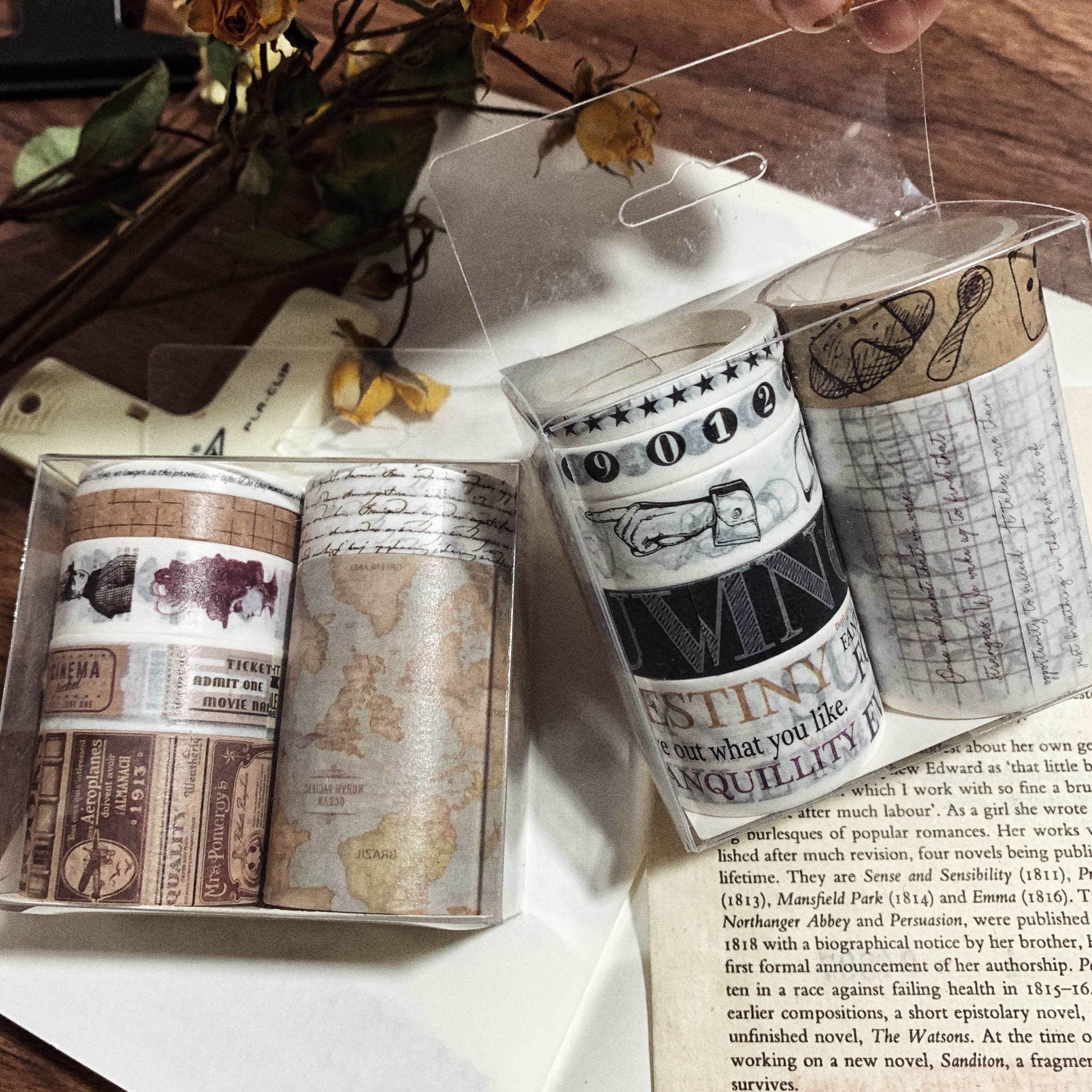 7rolls/box Vintage Kraft Paper Grid/Ticket/Map/English Manuscript/Number/Alphabet/Week Washi Tape DIY Scrapbooking Masking Tape