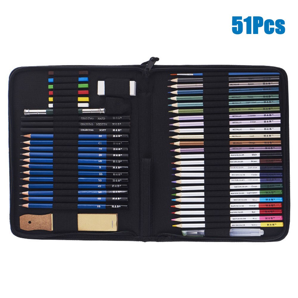 51Pcs/Set Drawing Kit Wood Pencil Sketching Pencils Art Sketch Painting Supplies With Carrying Bag: Default Title