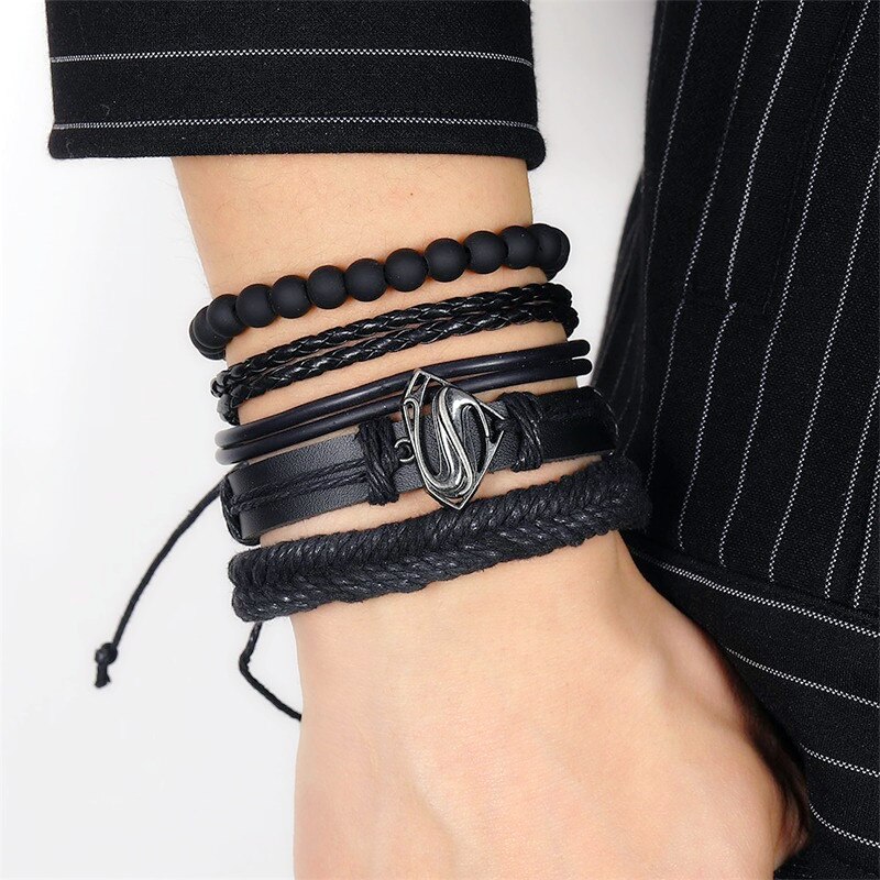 Ifmia 4 Stks/set Punk Captain Vintage Zwart Lederen Armband Charm Mannen Hand Geweven Armbanden Kralen Armband Fasion Sieraden: IF03