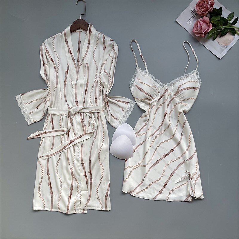 2PCS Robe Suit Satin Women Kimono Gown Bridal Wedding Bathrobe Set Rayon Sexy Loose Sleepwear Intimate Lingerie Lounge Nightwear: White / M