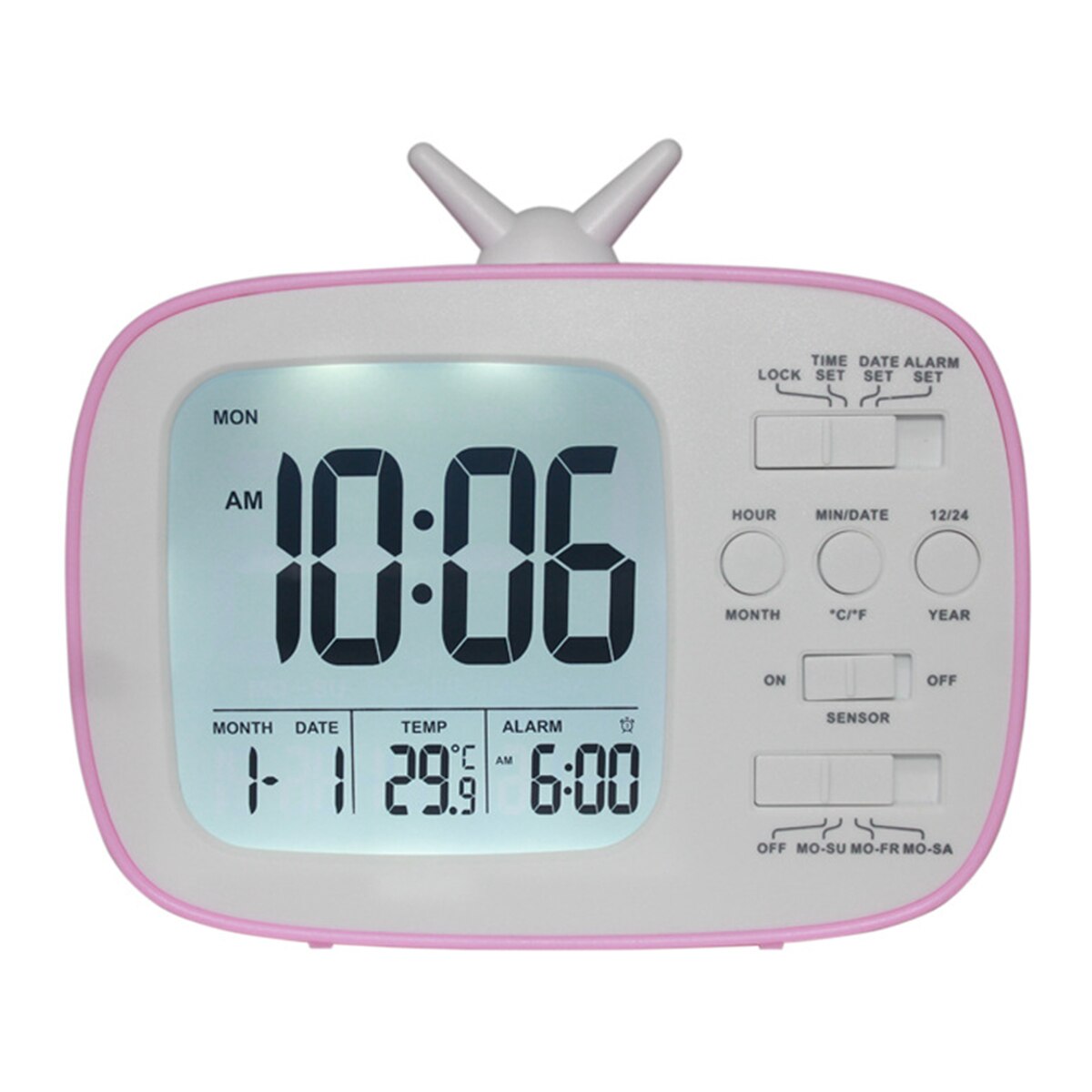 LCD Digital Desk Wekker Slaapkamer Nachtkastje Snooze Wake Up Light Digitale Klok Thermometer: Pink