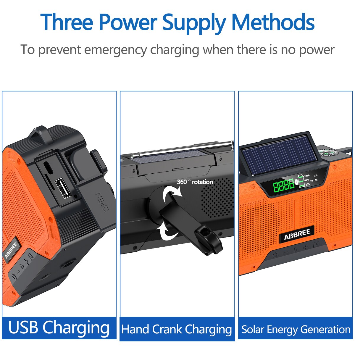 Emergency Radio 5000mAh Solar Hand Crank Portable AM/FM/NOAA SOS Radio with Flashlight&amp;Reading Lamp Cell Phone Charger
