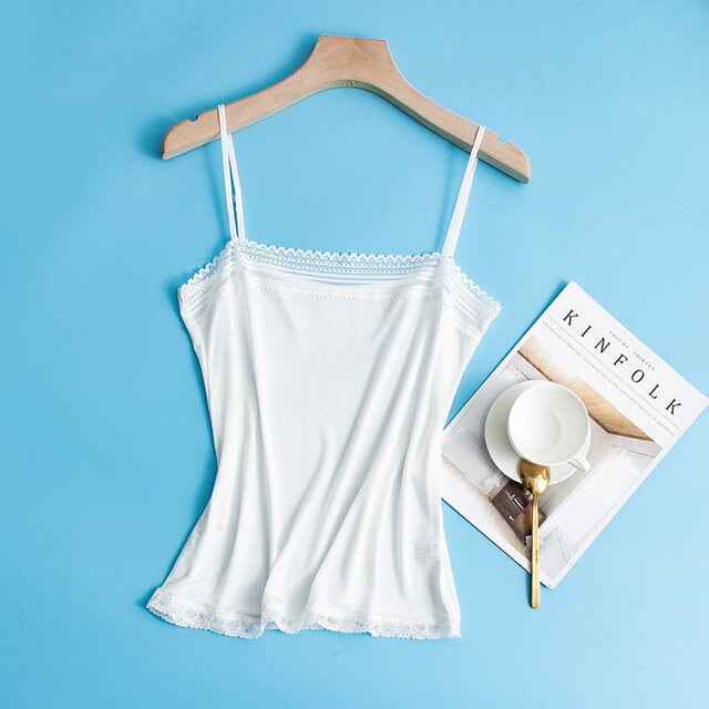 Vrouwen 50% Zijde 50% Viscose Kant Hemdje Top Vest Shirt Verstelbare Bandjes M L Xl TG111: white / L