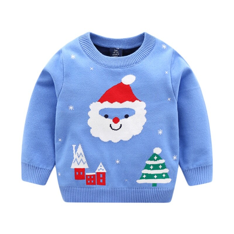 Children Boy Girl Winter Thickened Warm Santa Christmas Sweater Tree Print Knitted Sweaters: Blue / 4T
