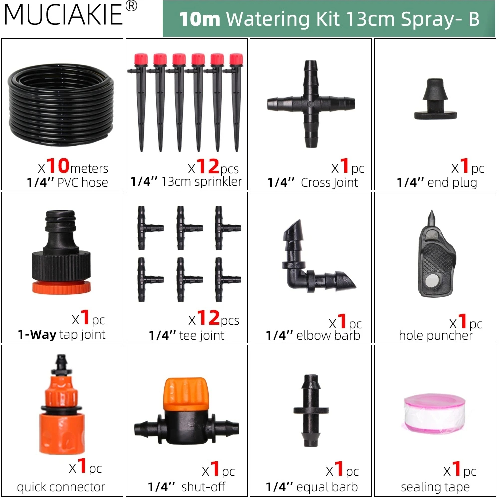 13CM Drip Irrigation System 1/4'' Hose Adjustable Sprinkler Kit 4-Way Micro Watering Flow for Garden Flowers Vegetables: Burgundy