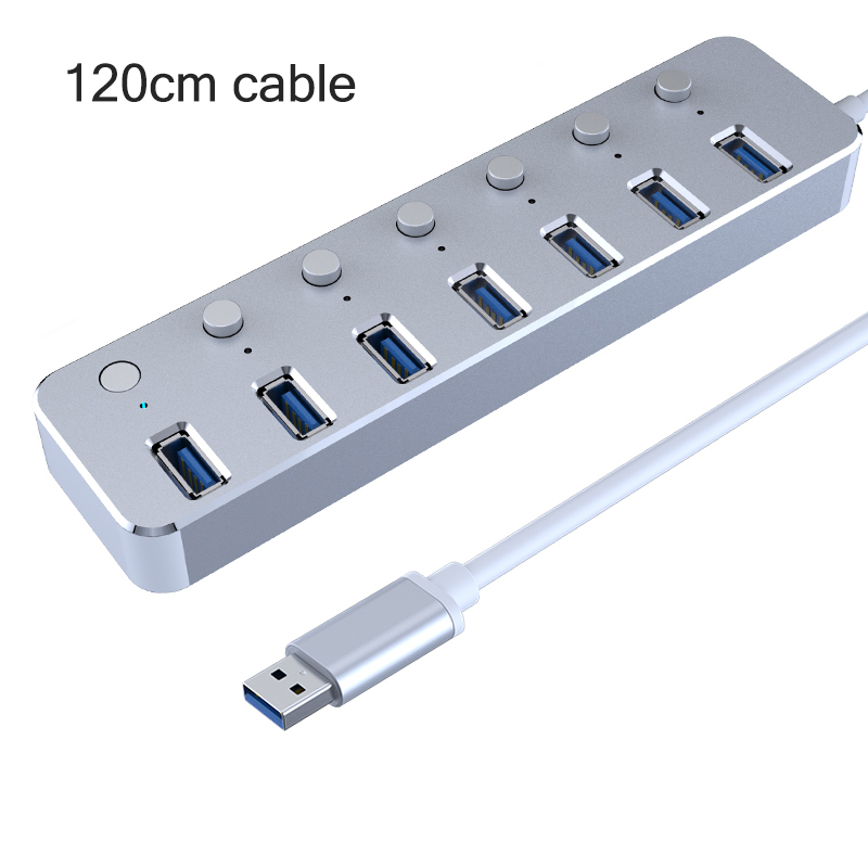 Aluminium 7-Port Usb 3.0 Hub 60/120Cm Kabel Sub-Schakelaar 5Gbps Led Indicator hub Oplaadbare Splitter Voor Multi Usb Apparaten: Silver 120cm