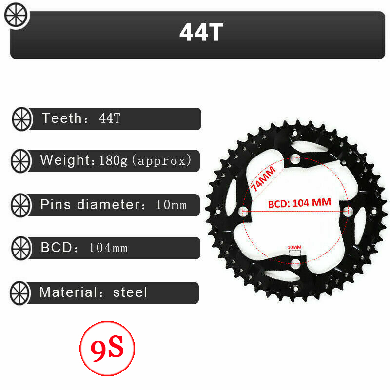 Plato de bicicleta 104BCD 64BCD 22/24/26/32/38/42/44T, plato de bicicleta de 9/10 velocidades para platos y bielas de doble/triple velocidad: 9S 104BCD-44T