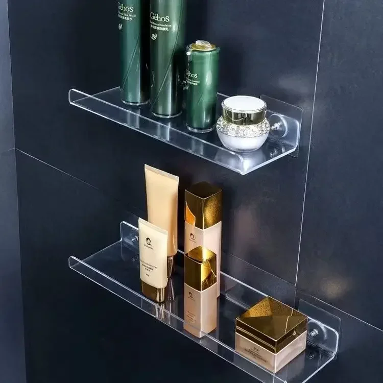 Estante de almacenamiento acrílico montado en la pared, estante flotante sin perforaciones, palo de exhibición transparente y grueso, organizador para baño, cocina y baño