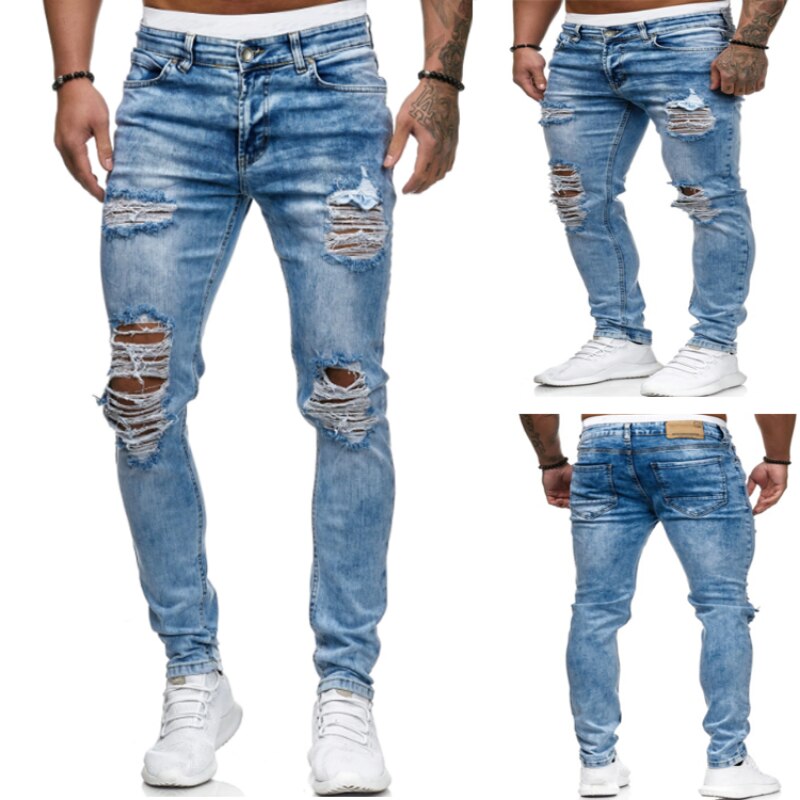 Men Ripped Skinny Jeans Hole Pencil Denim Pants Moto Biker Party Casual Cowboy Trousers Street Men Clothing