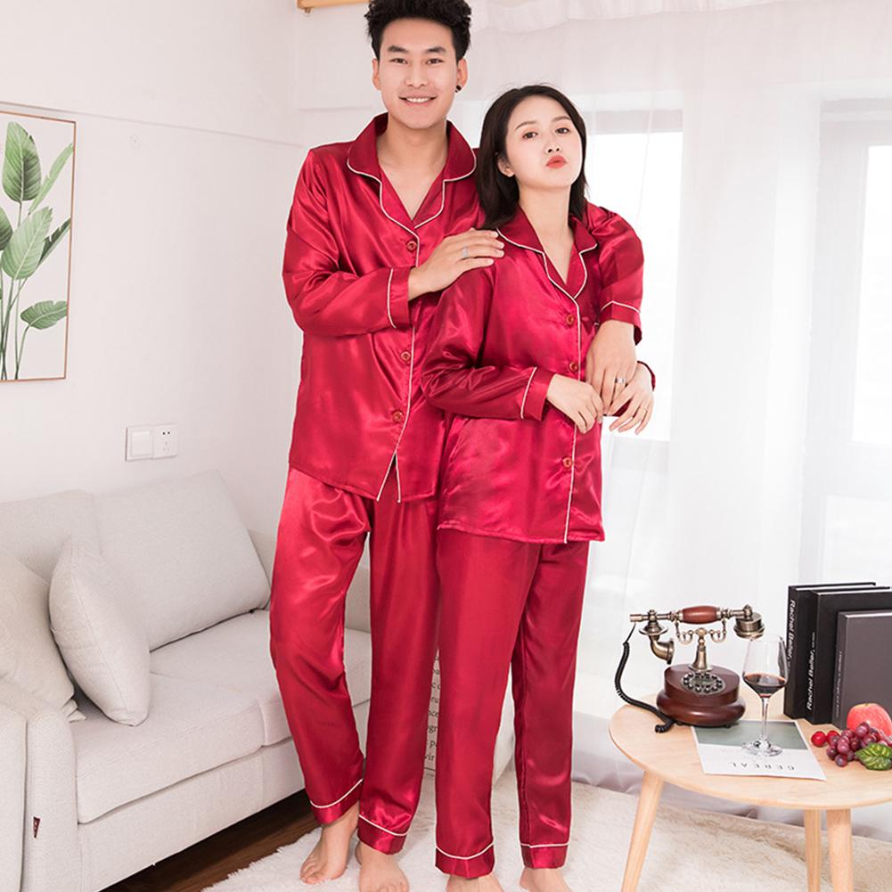 Silk Satin Men Pajamas Set Sleepwear Couple Solid Color Long Sleeve Suit