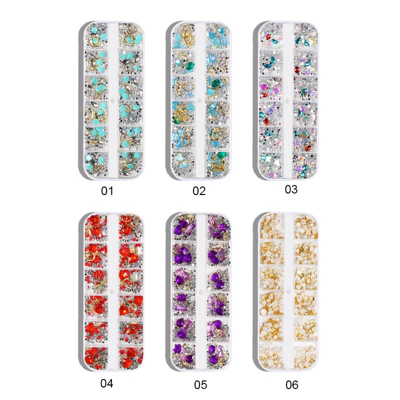 12 gitter farverige krystal alien nitte perle blandet pakke neglesten perler nitter flad ryg skinnende spidser 3d neglekunst dekorationer