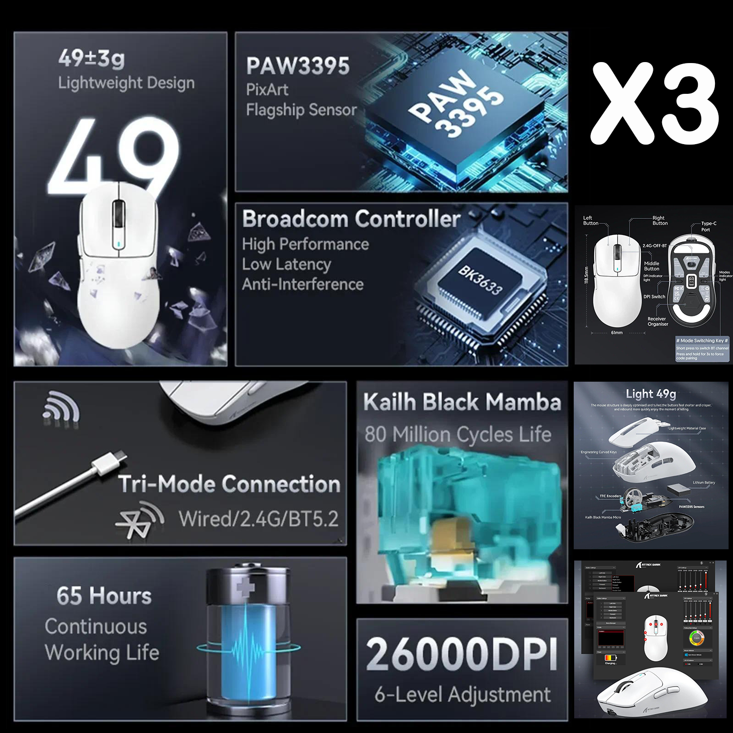 Ratón inalámbrico para juegos Attack Shark X11 X6 X3 R1, RGB, ergonómico, ultraligero, triodo, macro, PAW3395/PAW3311, 26000 DPI