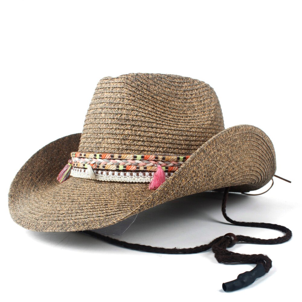 Dames heren holle strand sombrero man western cowboyhoed dame vader stro panama cowgirl jazz zonnepet maat 56-58cm: Koffie 10