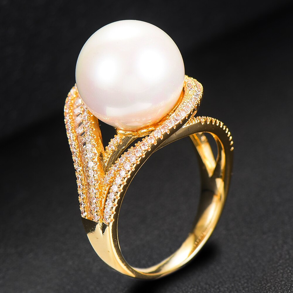 GODKI luxe grande Imitation perle fleur gras bagues avec Zircon pierres femmes fiançailles fête bijoux de