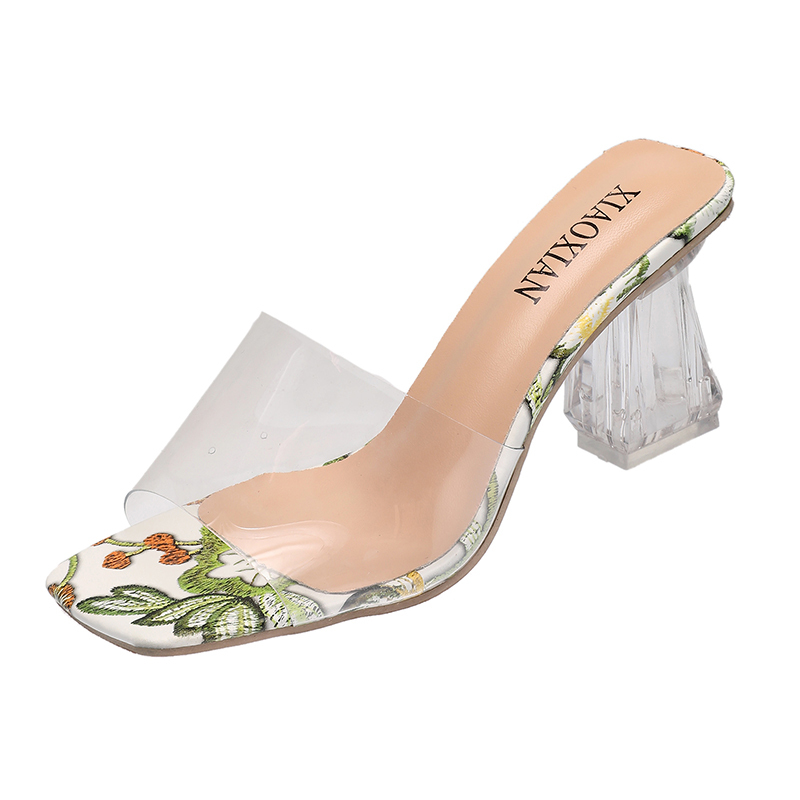 Klare hæle hjemmesko kvinder sandaler sommer gennemsigtige sko firkantede høje pumps jelly buty damskie gladiator firkantet hæl blomst: Grøn / 43