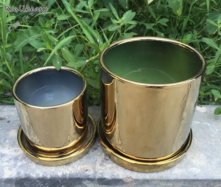 Cylindrical Flower Pot Luxury Electroplated Gold Silver Ceramic Flower Pot Plant Decorion Home Garden Desktop Decorion