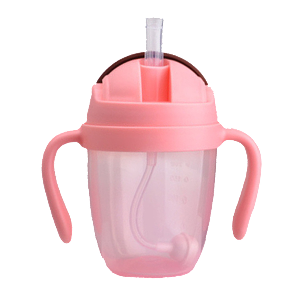300ml pp træning suge halm bred mund fodring flaske kopper lækagesikre giftfri mælk bærbare vand babyer med håndtag: Lyserød