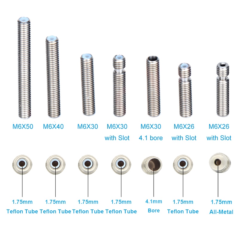 MK8 MK9 Throat 1.75mm Filament Stainless Steel Nozzles Throat M6 40mm 50mm 30mm Metal /Teflon / Bore 4.1mm for Extruder End