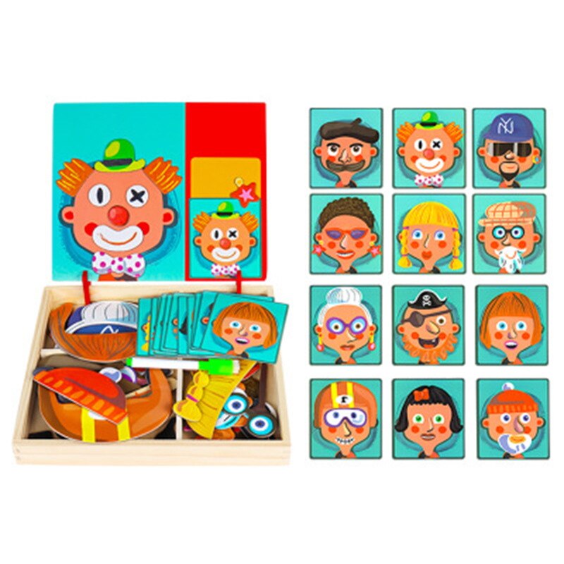 Educatief Houten Magnetische Speelgoed Kinderen 3D Puzzel Figuur/Dieren/Voertuig Tekentafel Leren Houten Speelgoed Voor Kinderen Speelgoed: facial features