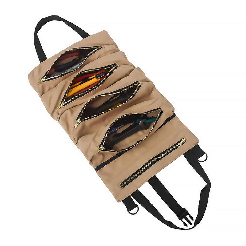 Onever Roll Up Bag Versatile Car Bag Tool Organizer Pouch Canvas Wrench Storage Carrier Car Back Seat Automobile Roll Up Bag: Khaki