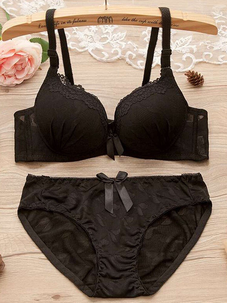 B Women Lace Padded Push Up No Steel Ring Small Chest Gathered Back Closure Adjustment Bow Adjusted-straps Bra Briefs Set: B / 75B