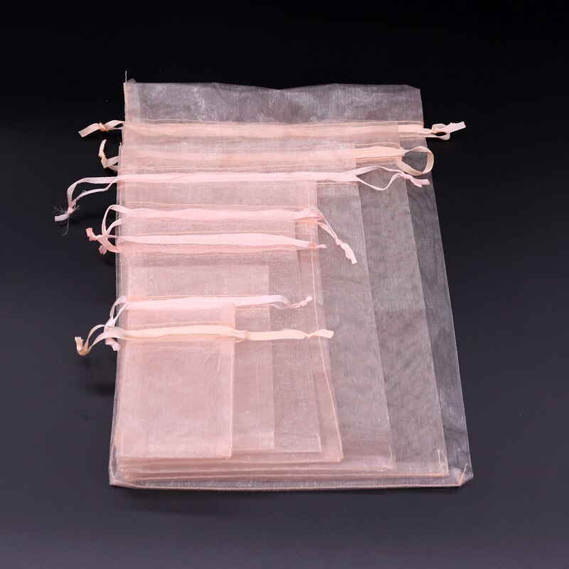 100 Stks/partij Champagne Kleur Koord Organza Zakjes Kleine Zakjes Sieraden Pakket Zakken Kerst Bruiloft Verpakking Bags