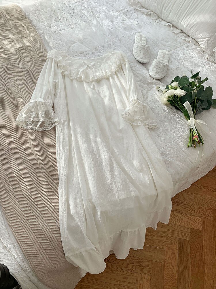 Vrouwen Lolita Jurk Prinses Sleepshirts Vintage Dame Palace Stijl Bloem Borduren Kant Nachthemden. Nachthemd Slaap Loungewear