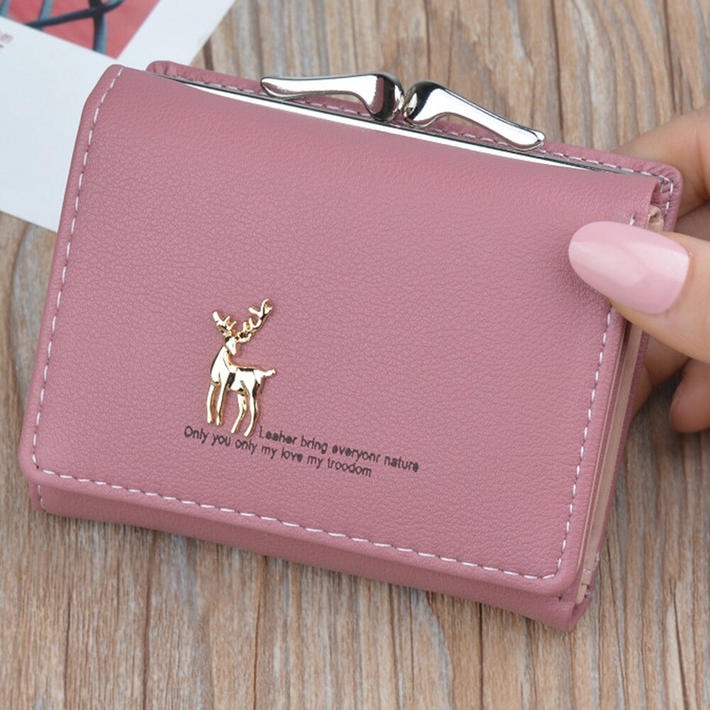 Cute Wallets Leather Women Wallets Short Wallet Student Coin Purse Card Holder Ladies Clutch Bag Small Deer Female Purse: A-rose red