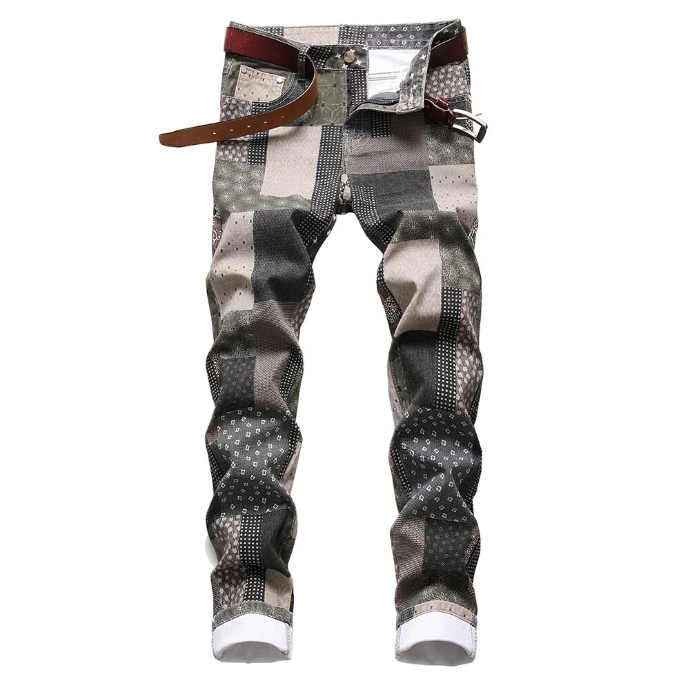 Men's Male Patch Patchwork Printed Jeans Slim Straight Stretch Denim Pants Plaid Digital Painted Trousers F819