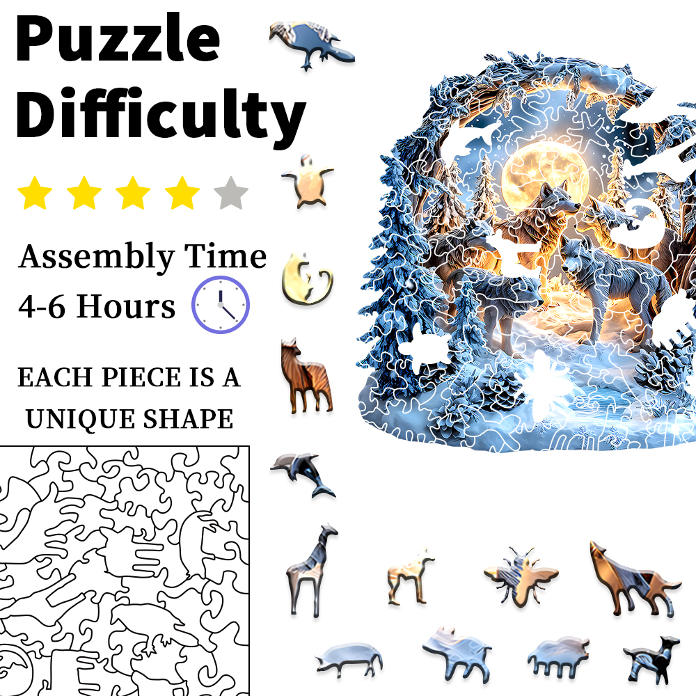 Wooden Puzzle: Magical Winter Wolf Forest Scene as Artistic Handicraft Decor Birthday