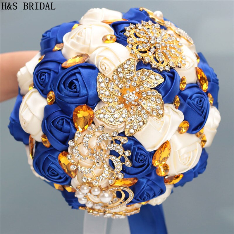 Fleur de mariage bleu Royal luxe or strass mariée fleurs pour mariage Photo réelle mariage Bouquet mariée demoiselle d'honneur