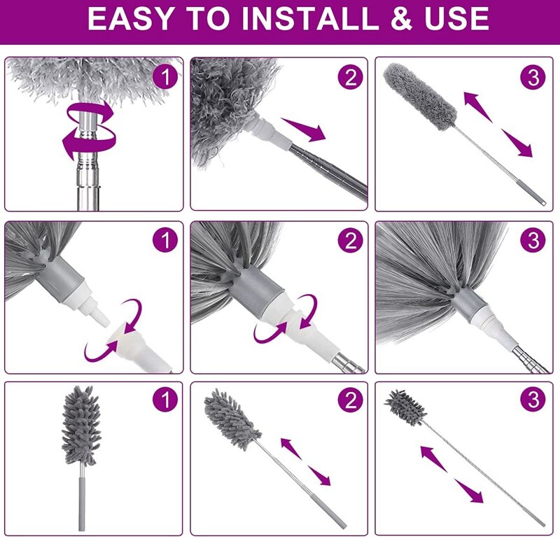 Microfiber Duster Kit for Cleaning, Reusable Bendable Washable Duster for Cobwebs,Ceiling Fan,Blinds,Furniture,Cars