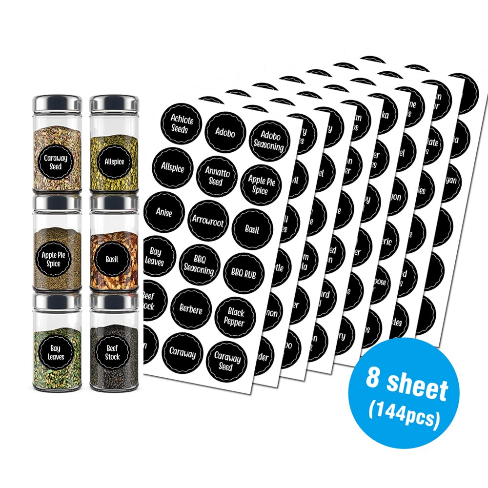 144pcs Kitchen Jar Stickers Self-Adhesive Labels Spice Labels Sticker Pantry Sticker Set Waterproof Stickers with Blank Labels