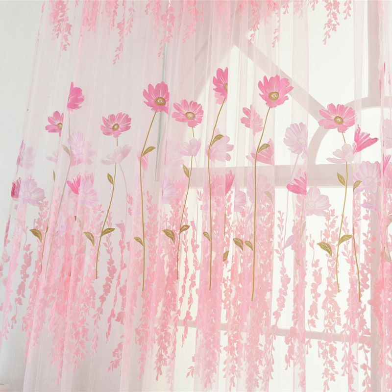 Tylgardiner til køkkenet stue stof voile vindue soveværelse tulipanprintet altan solafskærmning   hz1: Lyserød