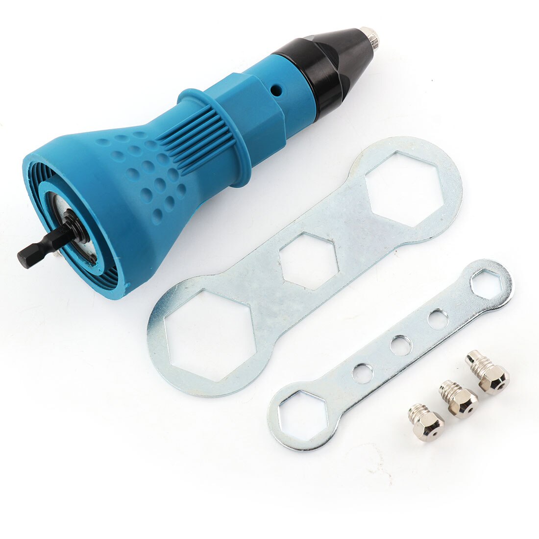 Herramienta para remachar tuercas, suministro de remachado inalámbrico, adaptador de taladro eléctrico, accesorios de inserción, remache, tuerca, taladro: Azul