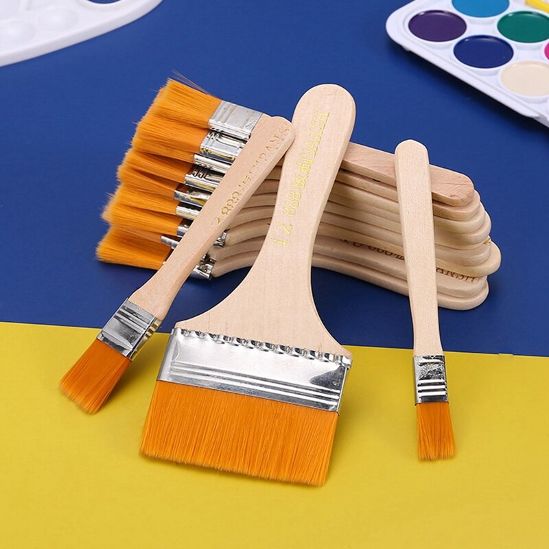 12 Stuks Platte Kop Kwast Art Penseel Sets Lange Handvat Cleaning Borstels Voor Acryl Schilderij Aquarel Houten Muur
