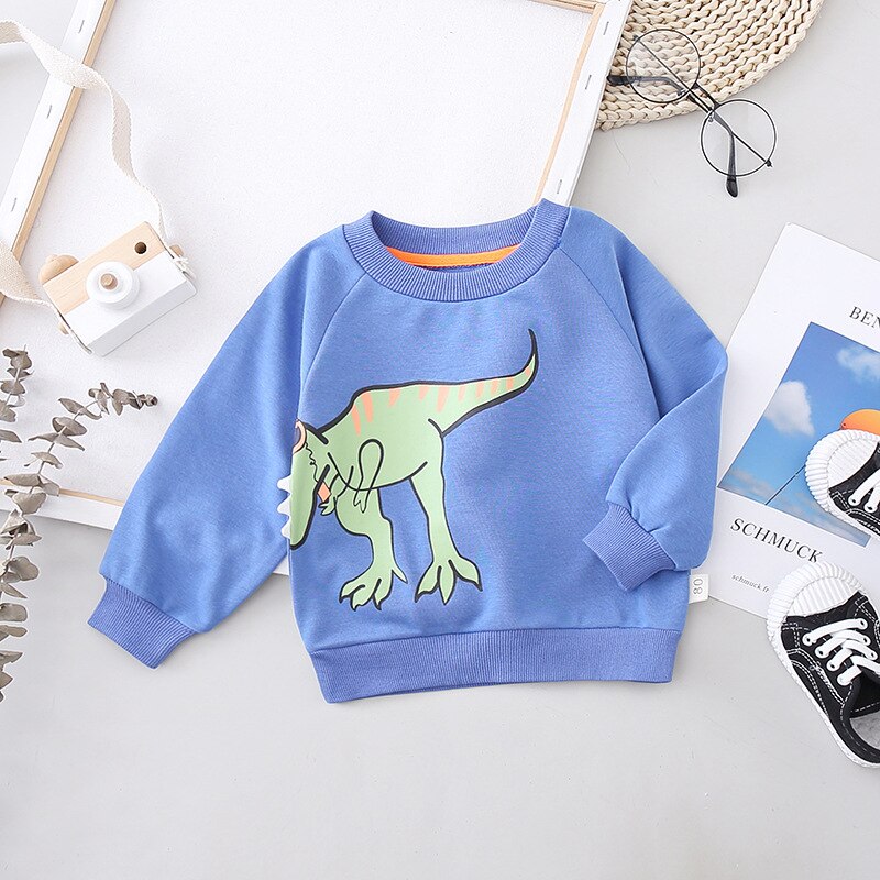 Tyrannosaurus Rex Sweatshirt Crew Neck Cartoon Children's Dinosaur Tops Boys Sweatshirt: Blue / 100