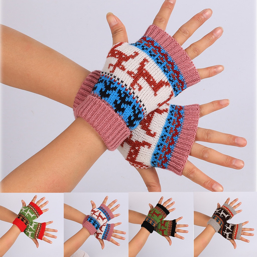 Adult Teens Christmas Winter Gloves Printed Deer Thick Knitted Mittens Fingerless Keep Warm Gloves For Girls Sports Outdoor