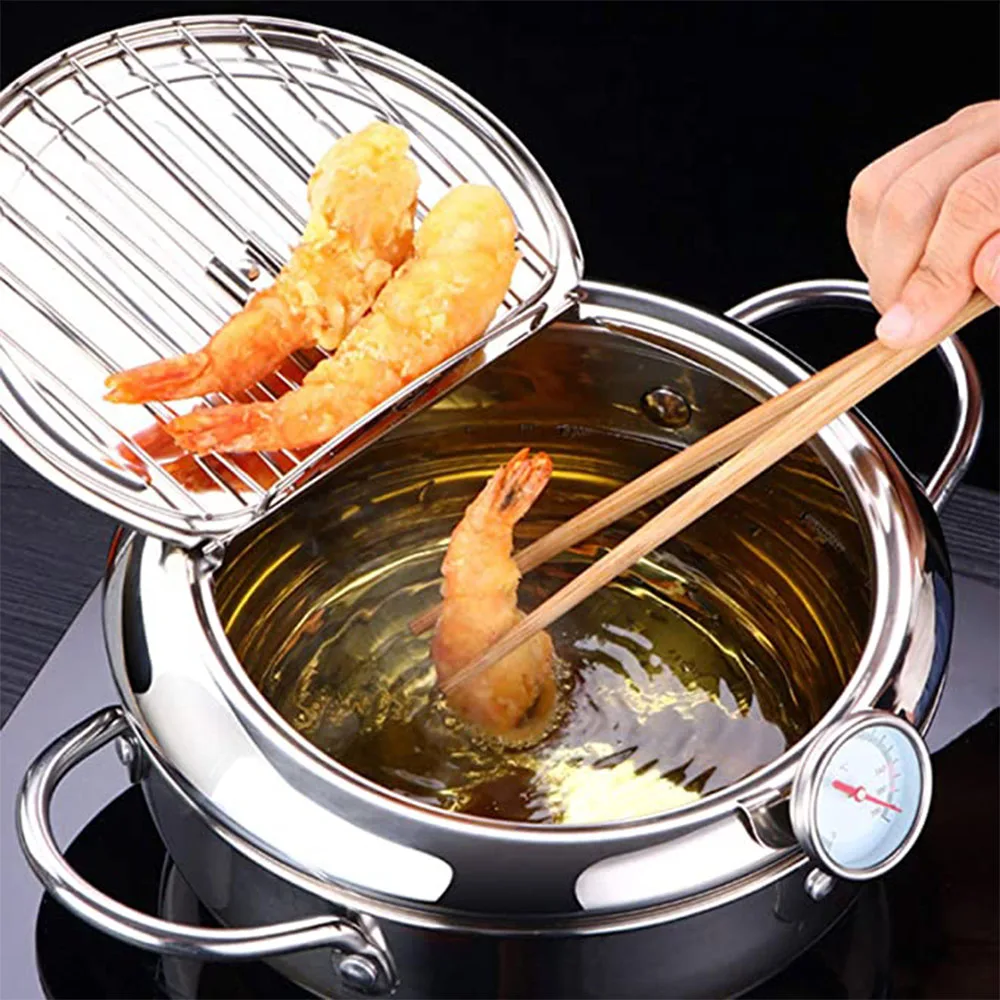 Japanse Friteuse Met Thermometer En Deksel 304 Rvs Keuken Tempura Friteuse Friteuse Friteuse Zonder Olie Koekenpan Friteuse