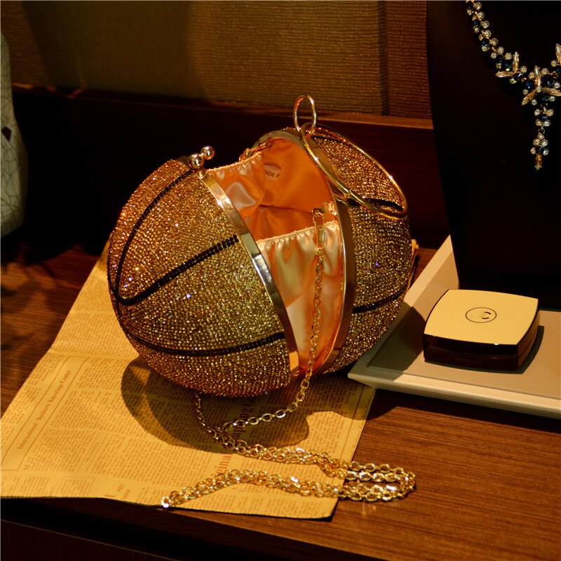 High end full rhinestone kveldsveske for kvinner baseket ball form håndvesker kjede messenger bag kvinner ball party telefon lommebok bag