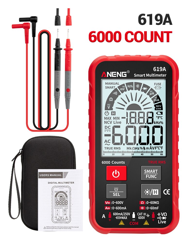 Aneng 619a true rms 6000 counts analog bar multimetro ncv meter digital multimeter ac/dc strömmar spänningsprovare: 619a röda