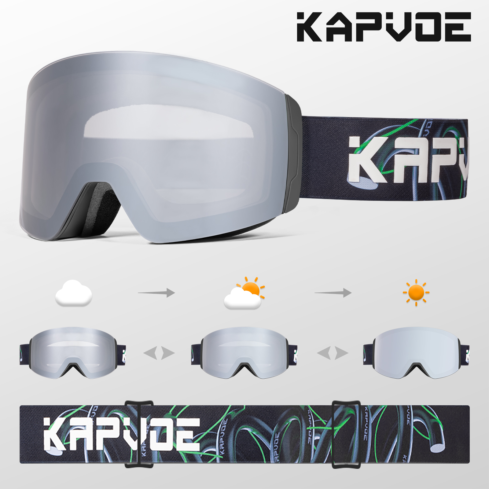 Kapvoe meekleurende skibril met magnetische anticondensglazen, beschermingsfactor  uv400, skibril voor dames en heren, wintersportbril.: Grijs