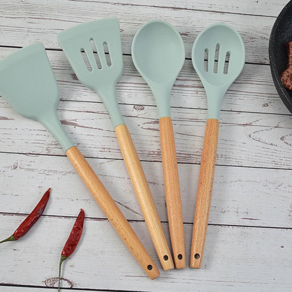 12 Pieces of Silica Gel Kitchenware Set, Non Stick Pot, Cooking Tool, Wooden Handle, Shovel Spoon Set, Kitchen Utensils, Cooking