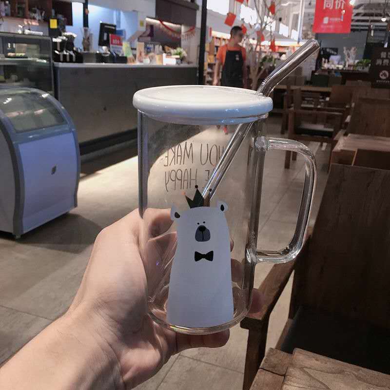 High borosilicate glass Glass Cup Bear Pattern Transparent Glass Bottle Drinking tea cup with Straw with Lid Cute Large Capacity: with cover straw7