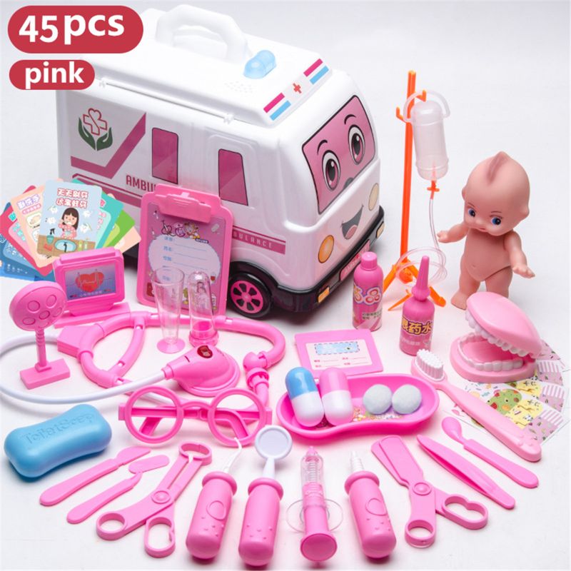 35/45 pçs meninas role play médico jogo medicina simulação dentista tratar dentes fingir jogar brinquedo para a criança do bebê crianças: Pink-45
