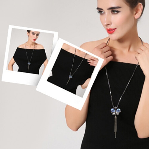 Women's Butterfly Pendant Tassels Rhinestone Long Sweater Chain Necklace Jewelry Leader' Choice